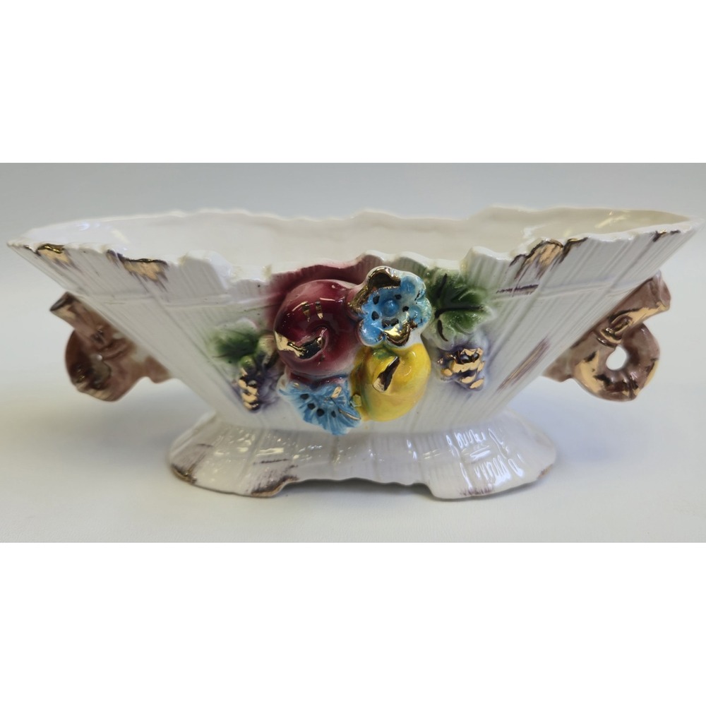 Vintage Tilso Japan Hand Painted Ceramic Planter Fruit Flowers Gold Trim Oval